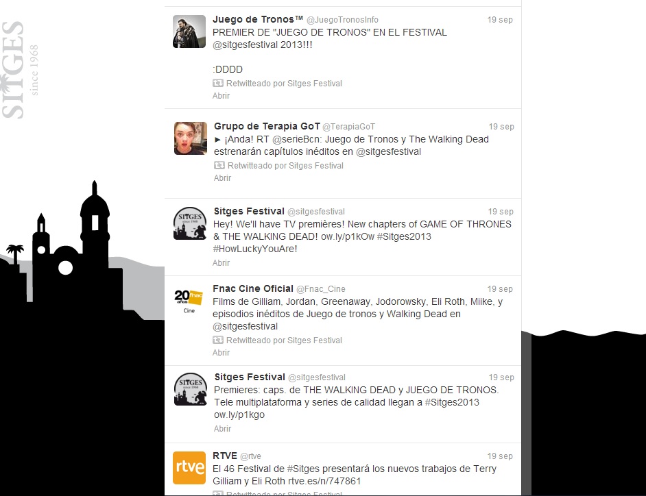 Tweets publicados o retwitteados por el twitter oficial del Festival de Sitges.