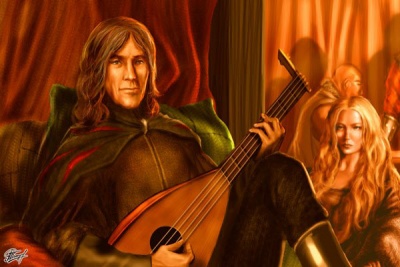 Mance playing the lute, Val in the background - by Amok ©
