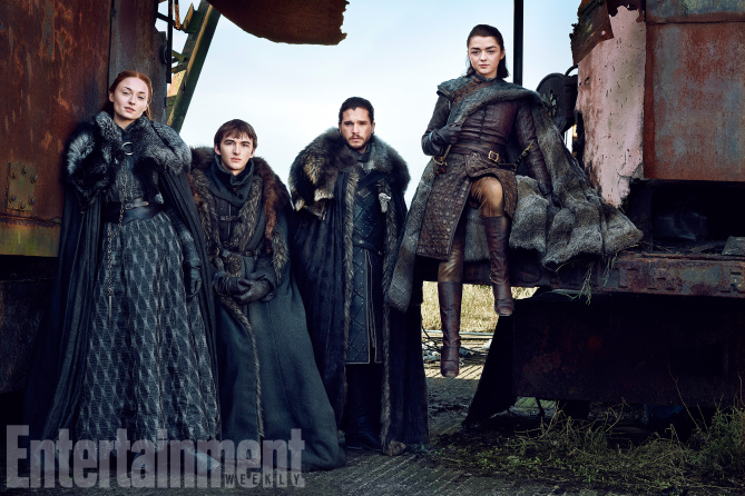 Game of Thrones (Season 7) L-R: Sophie Turner, Isaac Hempstead Wright, Kit Harrington, and Maisie Williams Photograph by Marc Hom on November 22, 2016 in Belfast.